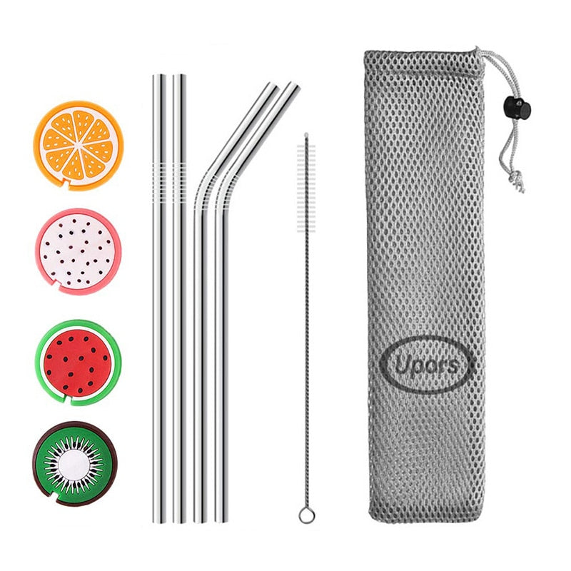 Metal Drinking Straws Eco Friendly Stainless Steel Straws with Silicone Maintainer Tips Reusable Straw Brush Pouch