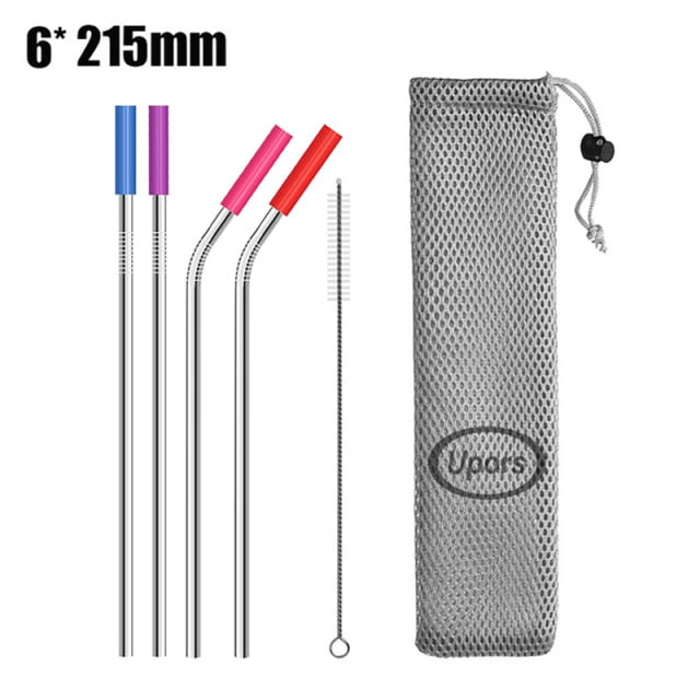 Metal Drinking Straws Eco Friendly Stainless Steel Straws with Silicone Maintainer Tips Reusable Straw Brush Pouch