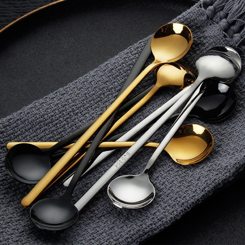 Tea Coffee Mixing Spoon Round Shape Stainless Steel Dessert Ice Cream Fruit Spoon Teaspoons Drink Tableware 1pcs