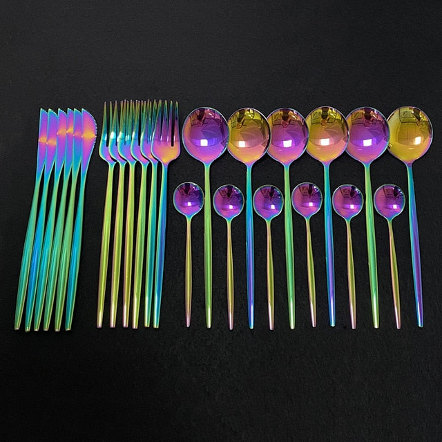 24Pcs Colorful Dinnerware Set Stainless Steel Cutlery Set Kitchen Mirror Gold Tableware Set Knife Fork Spoon Dinner Set