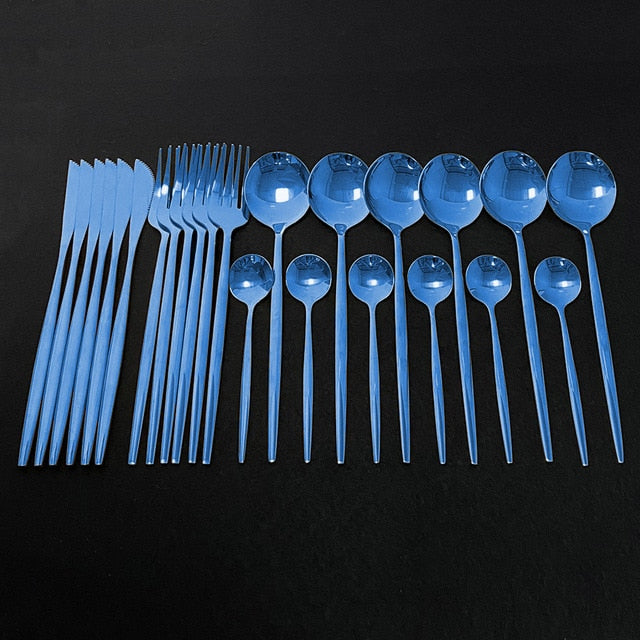 24Pcs Colorful Dinnerware Set Stainless Steel Cutlery Set Kitchen Mirror Gold Tableware Set Knife Fork Spoon Dinner Set