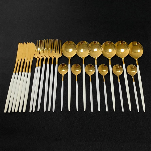 24Pcs Colorful Dinnerware Set Stainless Steel Cutlery Set Kitchen Mirror Gold Tableware Set Knife Fork Spoon Dinner Set