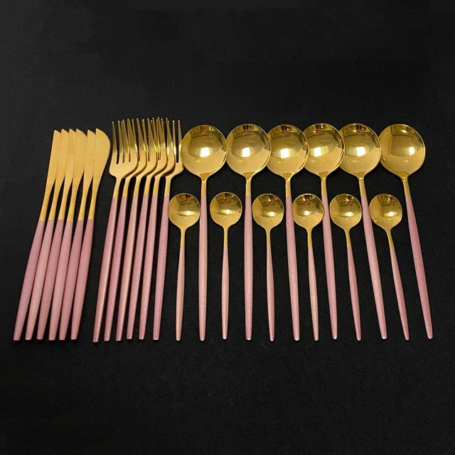 24Pcs Colorful Dinnerware Set Stainless Steel Cutlery Set Kitchen Mirror Gold Tableware Set Knife Fork Spoon Dinner Set