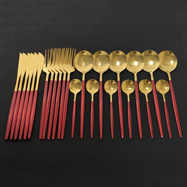 24Pcs Colorful Dinnerware Set Stainless Steel Cutlery Set Kitchen Mirror Gold Tableware Set Knife Fork Spoon Dinner Set