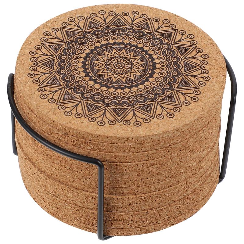 Creative Nordic Mandala Design Round Shape Wooden Coasters With Rack Nordic Mandala Round Cork Coaster