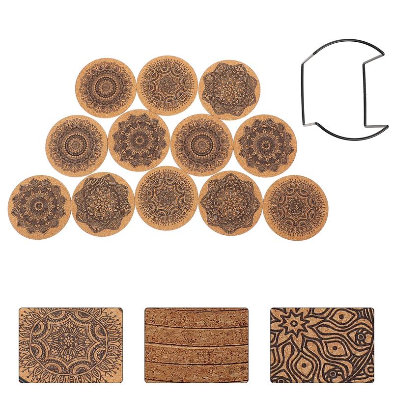 Creative Nordic Mandala Design Round Shape Wooden Coasters With Rack Nordic Mandala Round Cork Coaster