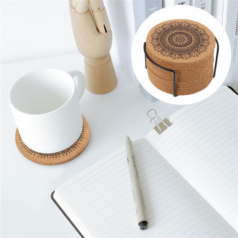 Creative Nordic Mandala Design Round Shape Wooden Coasters With Rack Nordic Mandala Round Cork Coaster