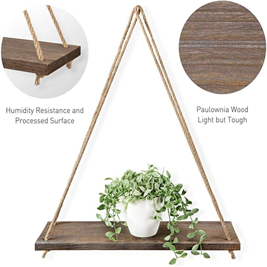 Premium Wood Swing Hanging Rope Wall Mounted Floating Shelves Plant Flower Pot Home Decorative Wooden Shelving Crafts Shelves