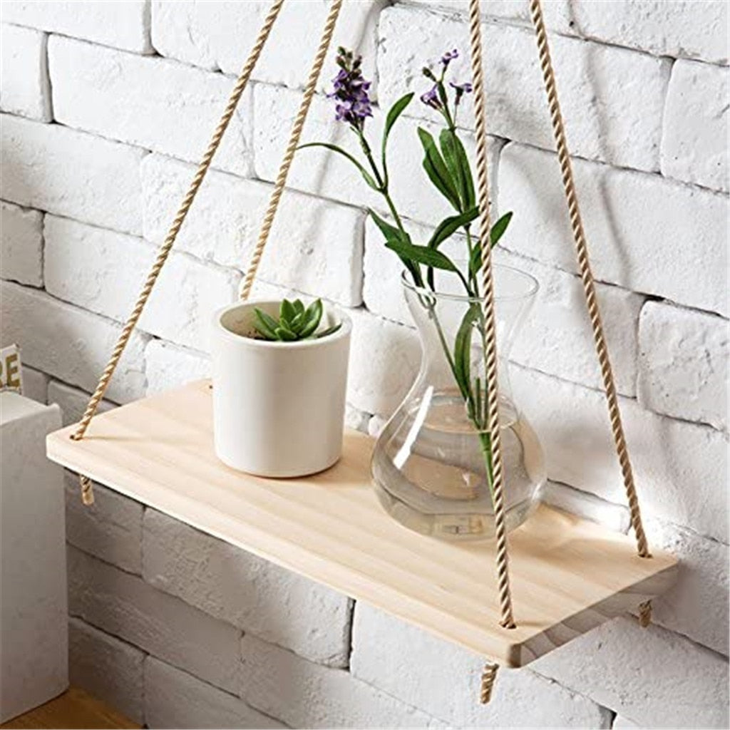 Premium Wood Swing Hanging Rope Wall Mounted Floating Shelves Plant Flower Pot Home Decorative Wooden Shelving Crafts Shelves