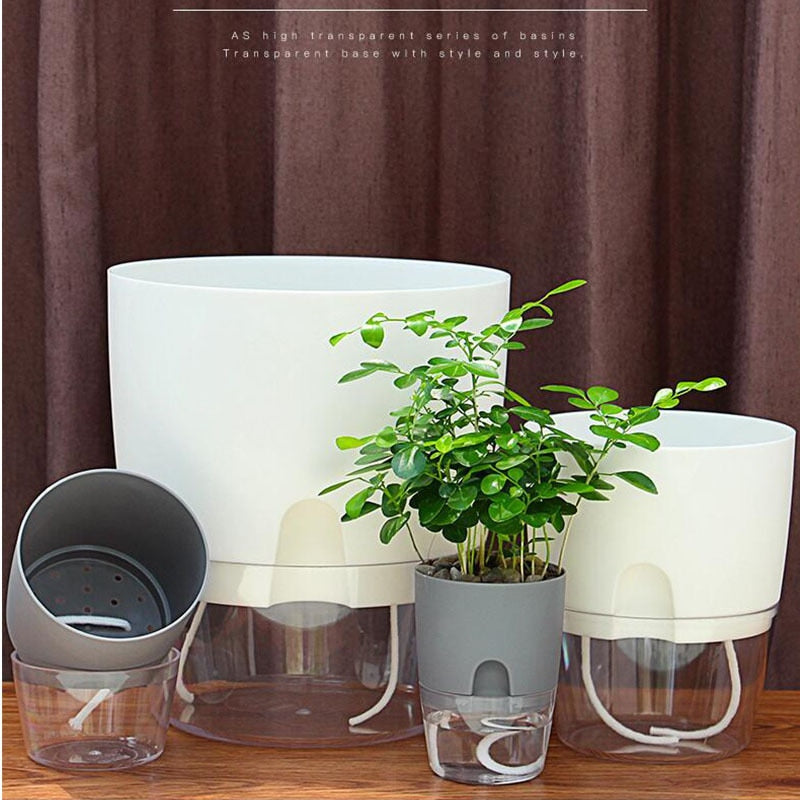 Automatic Water Absorption Garden Pots Planters Decor Flower Pot Transparent Plastic Plant Pot Creative Double Storage